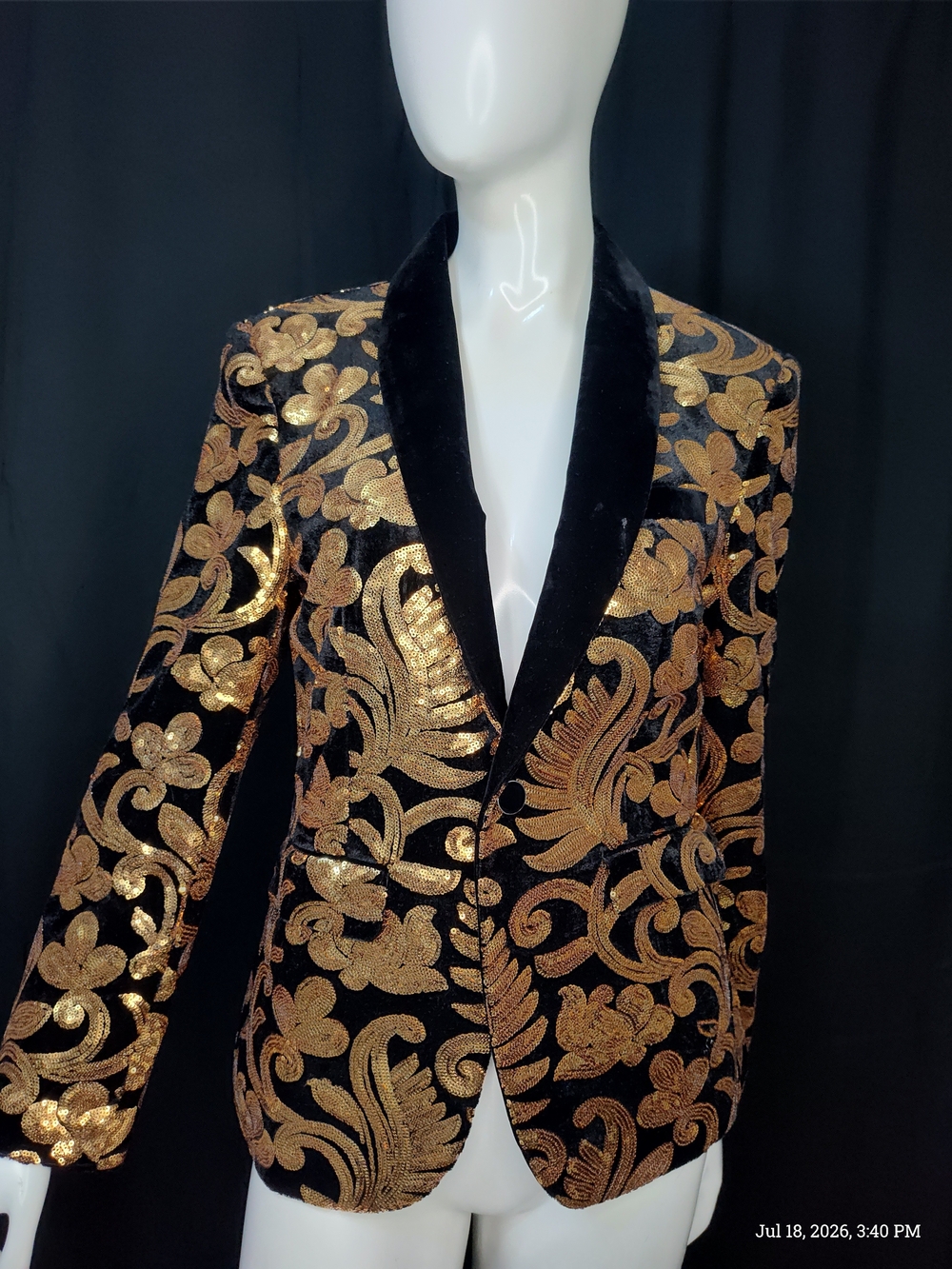 Bling Tuxedo Blazer Black Velvet W/Gold Floral Sequin Pattern 14Y Sz